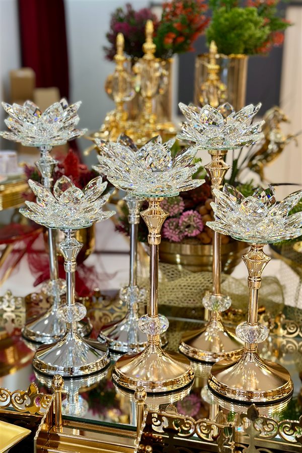 3-Piece Crystal Metal-Footed Water Lily Candlestick - Gold