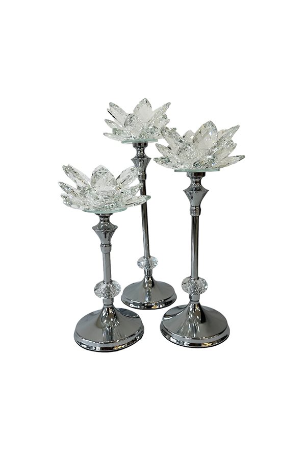 3-Piece Crystal Metal-Footed Water Lily Candlestick - Silver