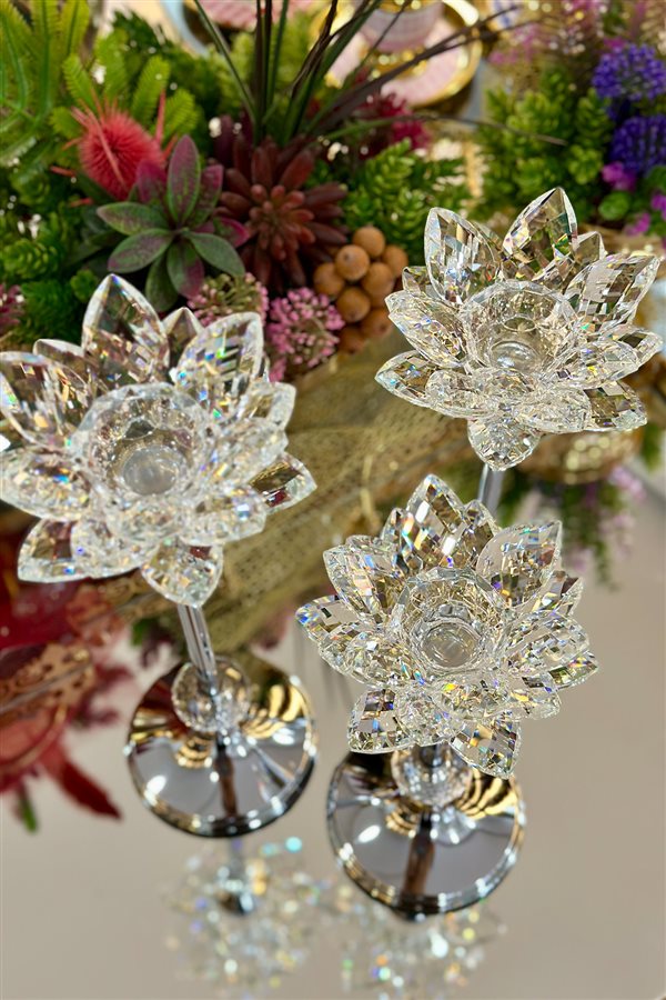 3-Piece Crystal Metal-Footed Water Lily Candlestick - Silver