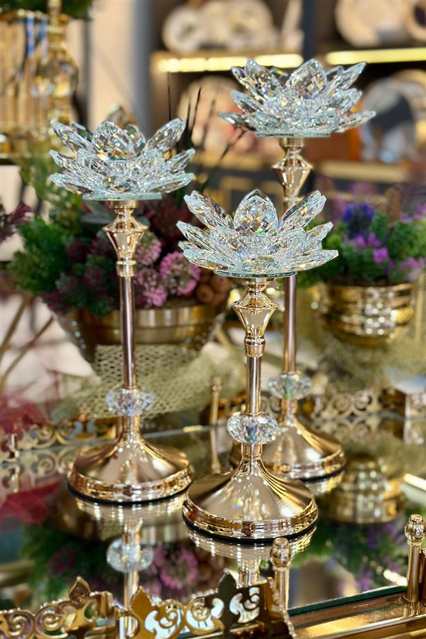 3-Piece Crystal Metal-Footed Water Lily Candlestick - Gold