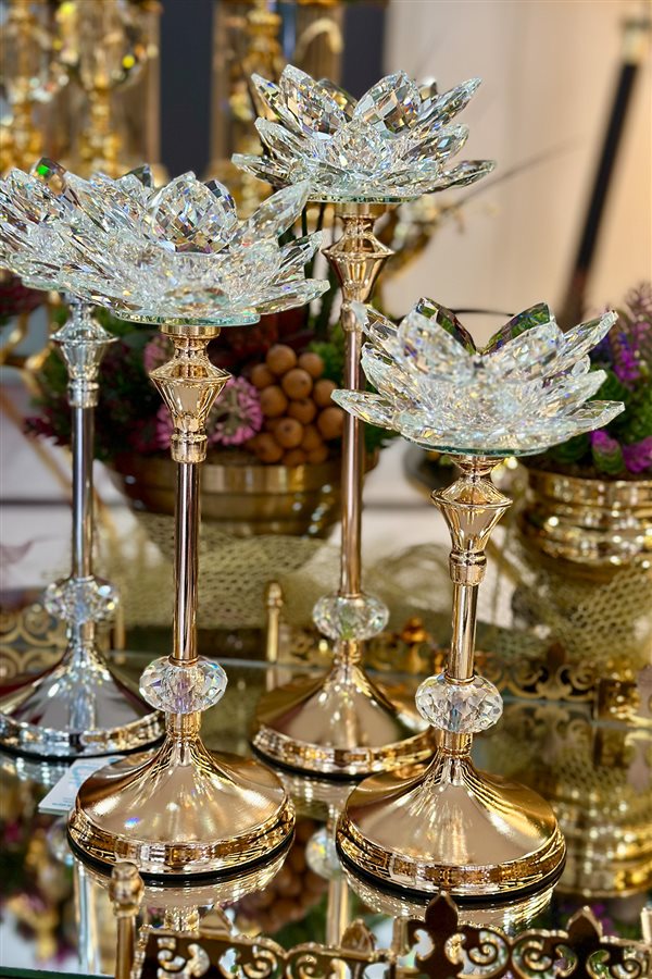 3-Piece Crystal Metal-Footed Water Lily Candlestick - Gold