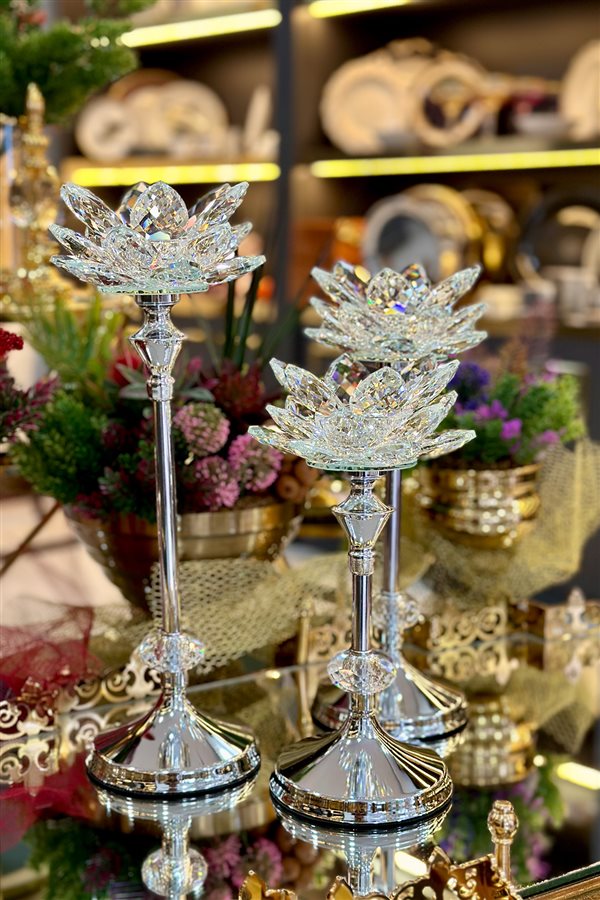 3-Piece Crystal Metal-Footed Water Lily Candlestick - Silver