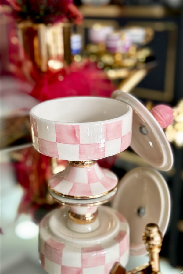 Checkered Pink Round Footed Sugar Bowl