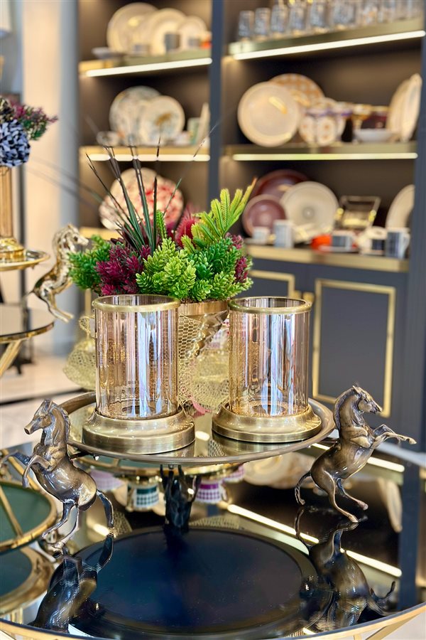 At Figürlü Yuvarlak Aynalı Bronz Jardinyer