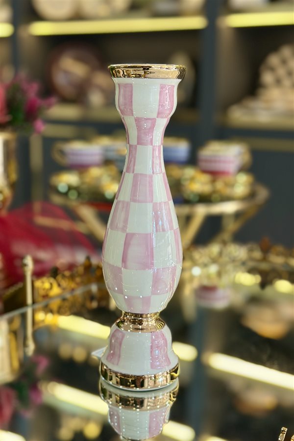 Damalı Pembe 24cm Seramik Şamdan