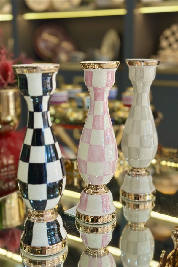 Damalı Pembe 24cm Seramik Şamdan