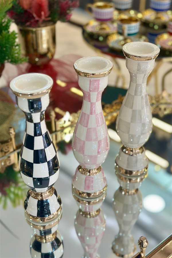 Damalı Pembe 24cm Seramik Şamdan