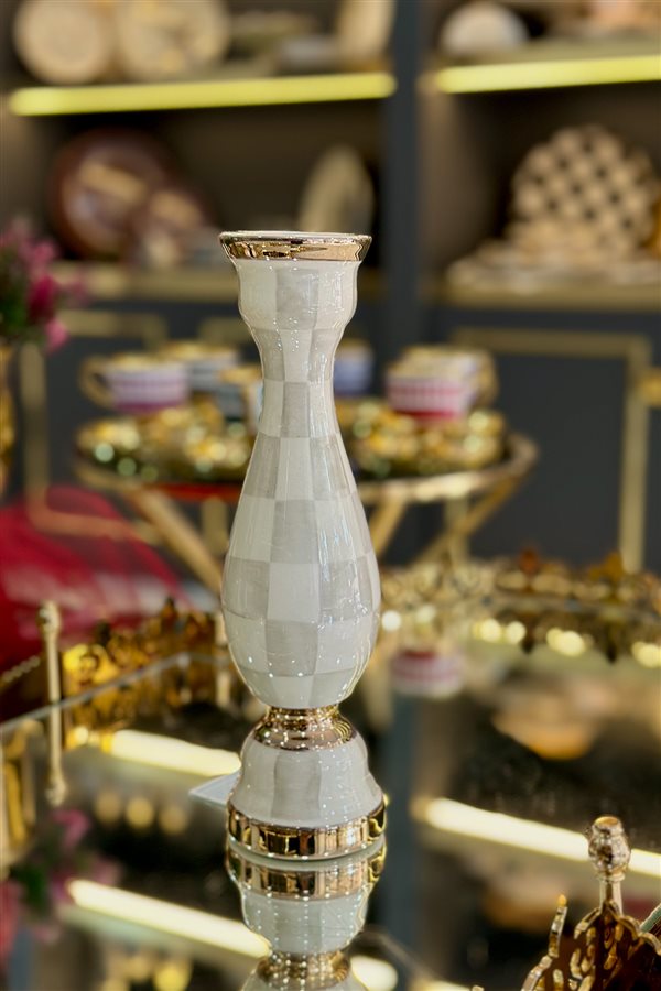 Damalı Gri 24cm Seramik Şamdan