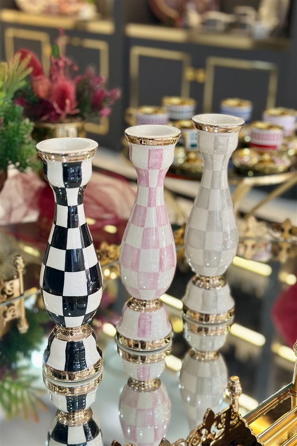 Damalı Pembe 24cm Seramik Şamdan