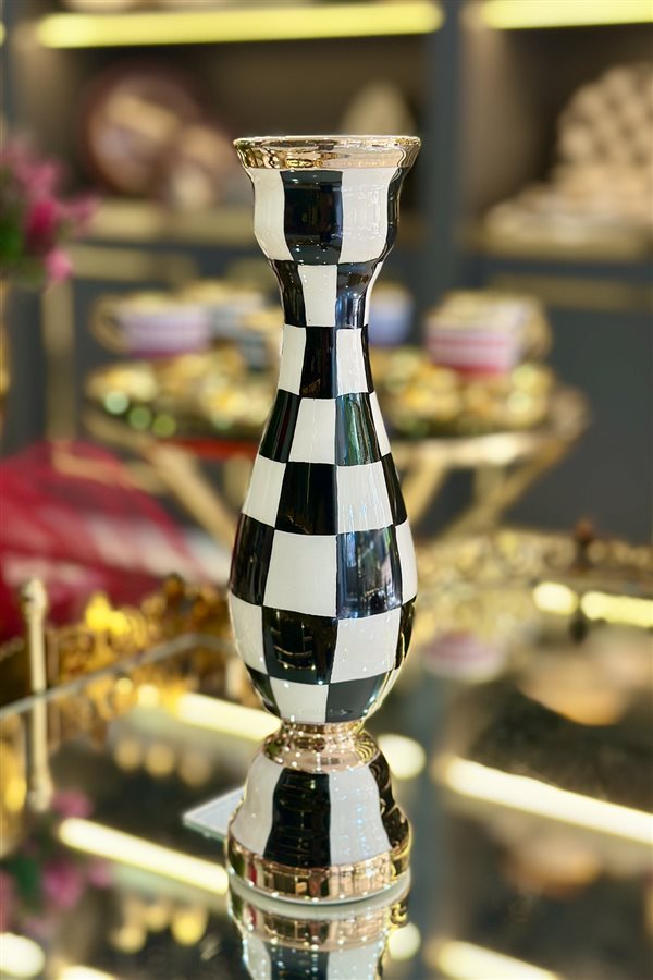 Damalı Siyah 24cm Seramik Şamdan