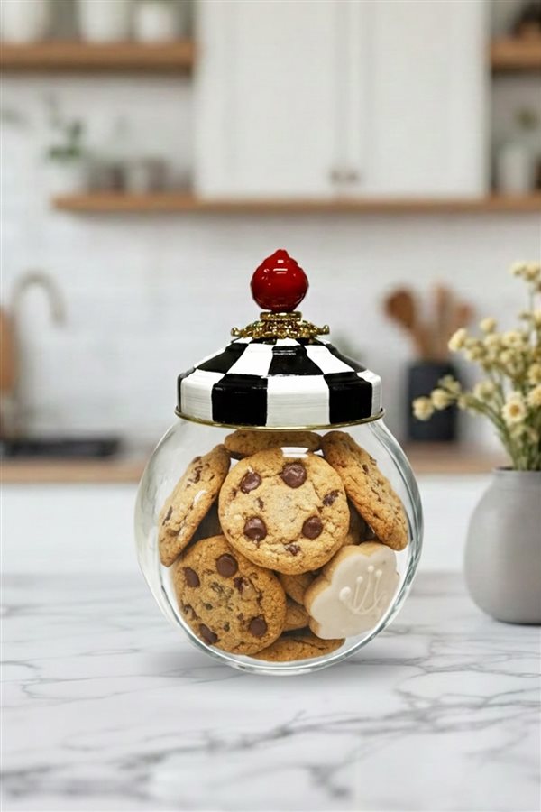 Damalı Siyah Üç Dipli Pirinç Kapak Cam Kavanoz