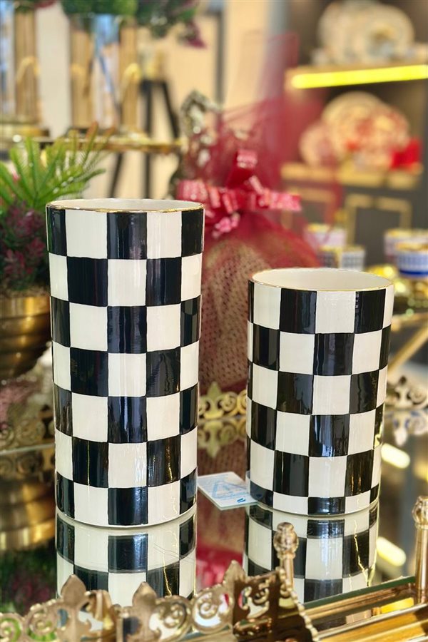 Damalı Siyah 16cm Silindir Vazo/Kaşıklık