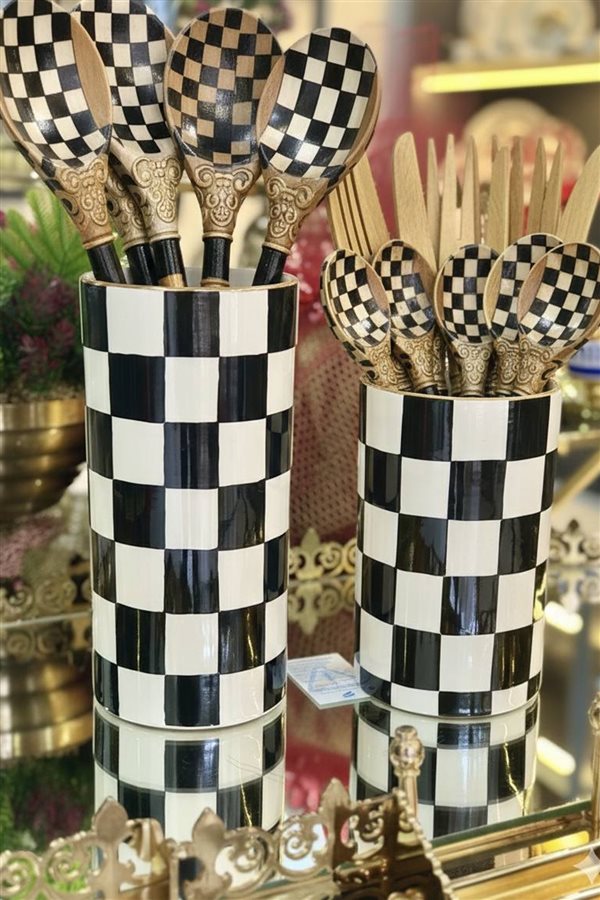 Damalı Siyah 16cm Silindir Vazo/Kaşıklık