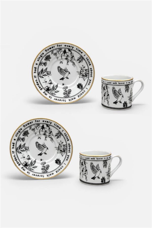 Endless Garden Siyah 2’li Porselen Kahve Fincan Seti