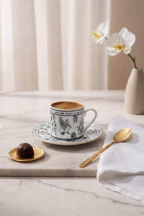 Endless Garden Siyah 2’li Porselen Kahve Fincan Seti