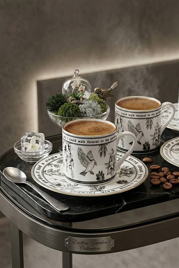 Endless Garden Siyah 6'lı Porselen Kahve Fincan Seti