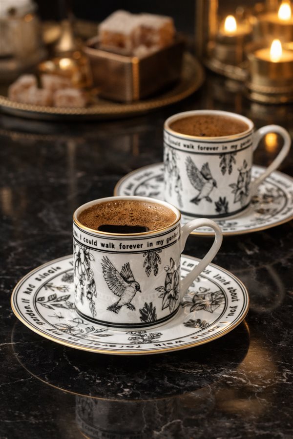 Endless Garden Siyah 6'lı Porselen Kahve Fincan Seti