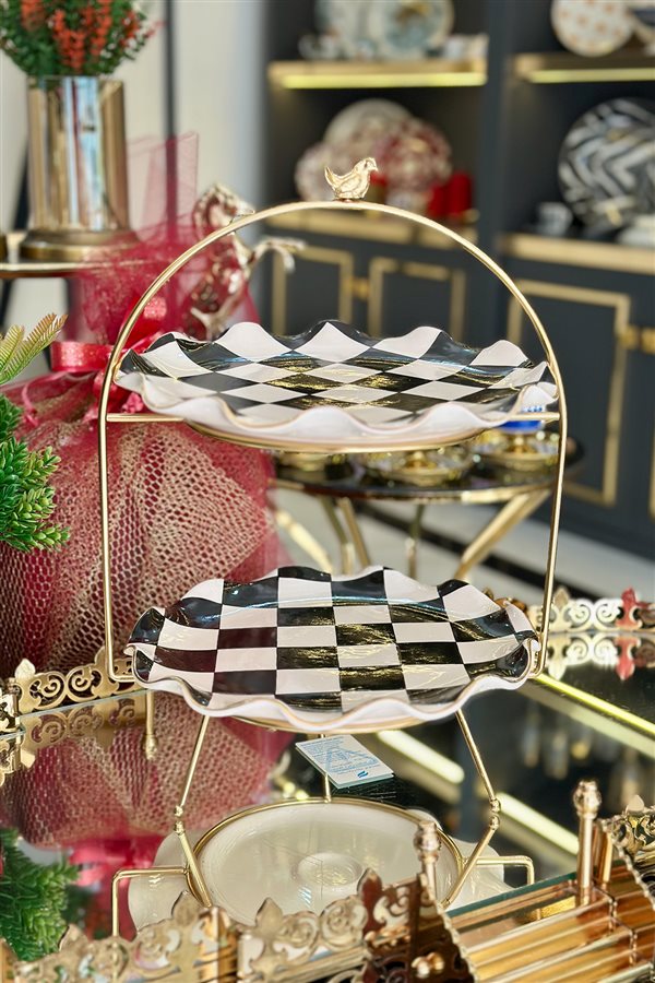Checkered Black 2-Tier Cookie and Serving Stand