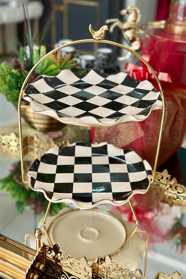 Checkered Black 2-Tier Cookie and Serving Stand
