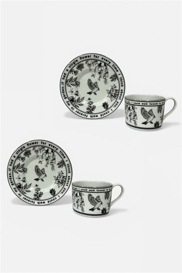 Endless Garden Black 2-Piece Porcelain Tea Cup Set