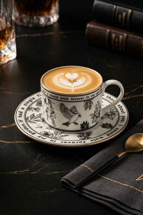 Endless Garden Black 6-Piece Porcelain Tea Cup Set