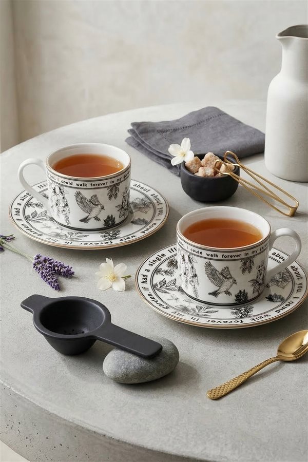 Endless Garden Black 2-Piece Porcelain Tea Cup Set