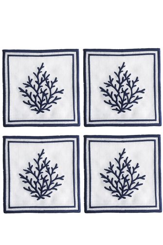 Coral Navy Blue Cocktail Napkin 4 Pieces