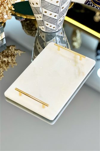 Natural Marble Rectangle Gold Metal Handle Tray