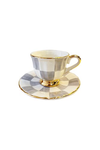 Damalı Gri Gold Ayaklı 6'lı Çay Fincan Takımı