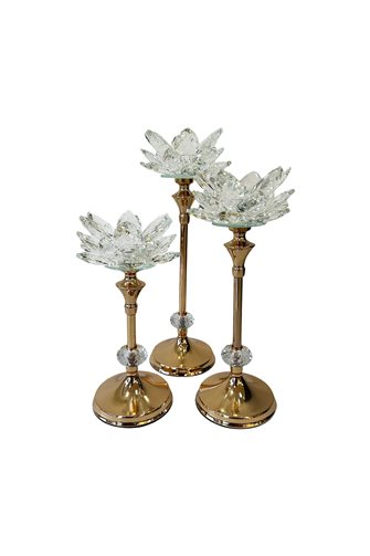 3-Piece Crystal Metal-Footed Water Lily Candlestick - Gold